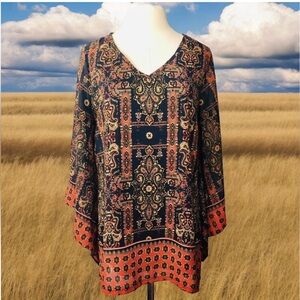Wrangler Western Blouse Paisley Long Bell Sleeve Boho Top Medium